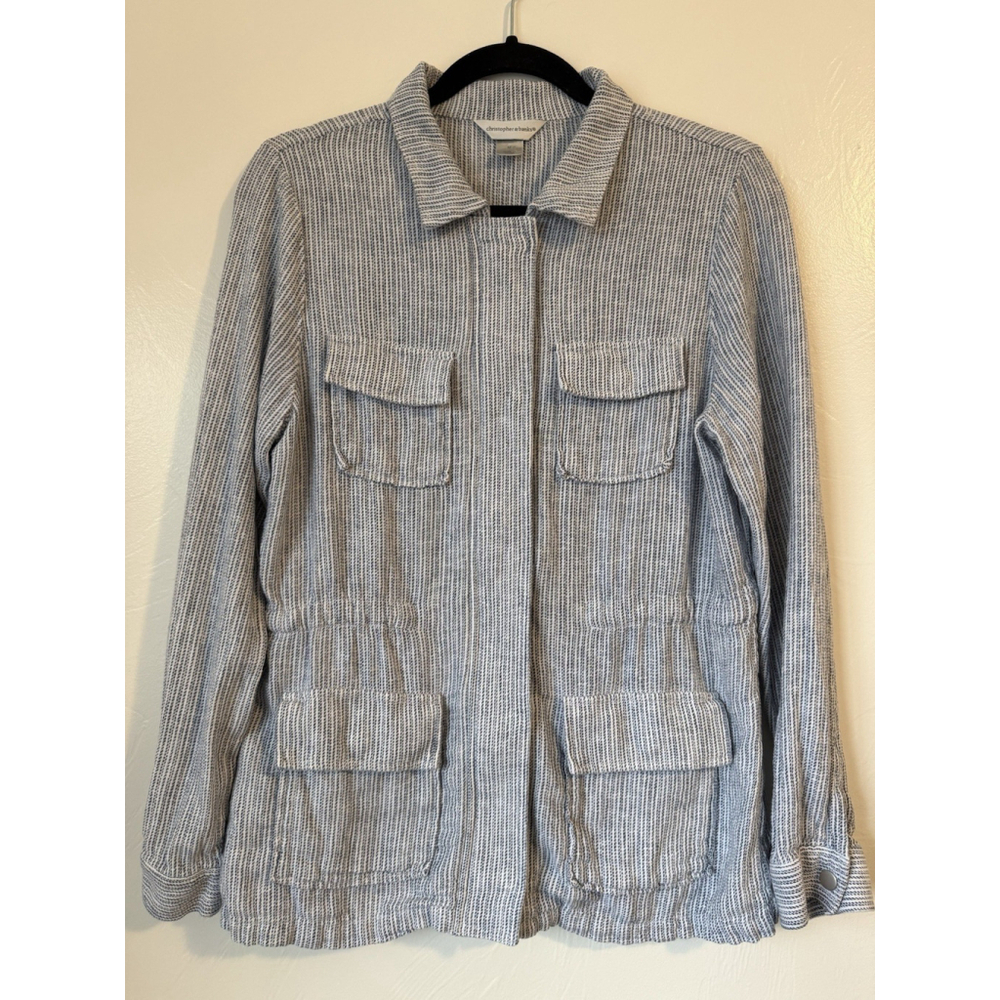Christopher & Banks Lightweight Linen Utility Style Jacket Blue & White Medium